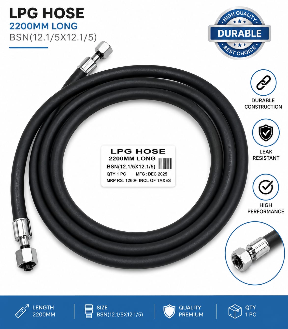 Pipe LPG Fuel complete Tank out (Straight-Both End) Big 7.5ft 3W TVS King 4St NEW